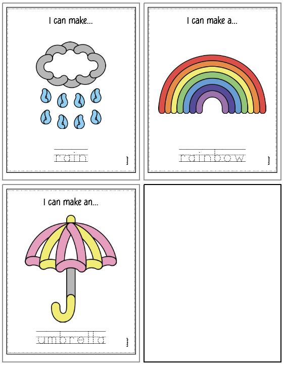 A collage of colorful activity mats featuring illustrations of a rainstorm, a rainbow, and an umbrella, designed for playdough activities that support fine motor skills and are suitable for spring-themed preschool learning.
