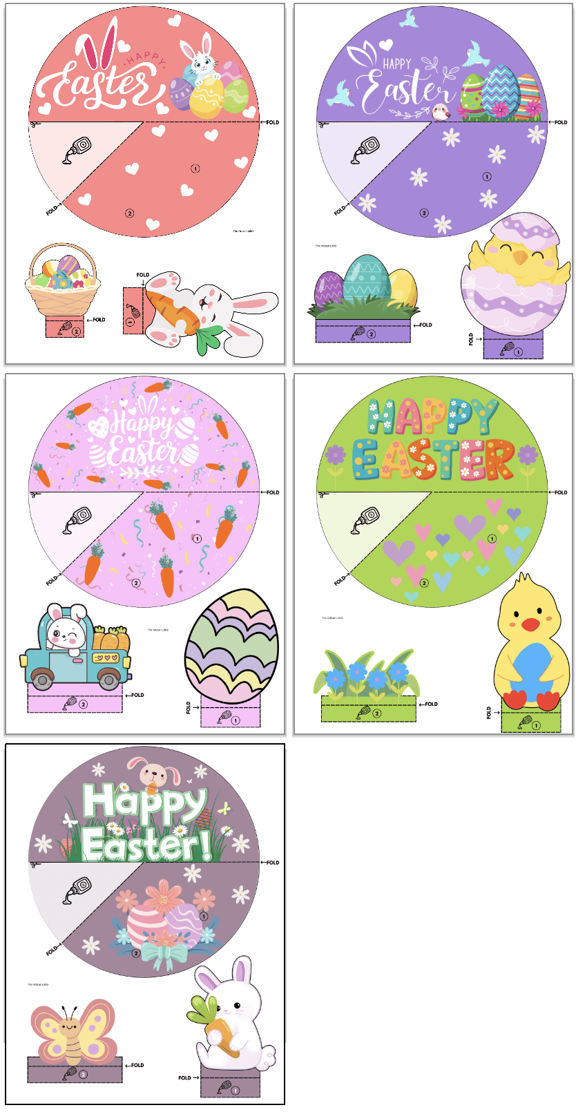 A collection of colorful printable Easter cards for kids featuring designs like bunnies, eggs, and spring-themed decorations, suitable for DIY crafts and educational activities in preschools and daycares.
