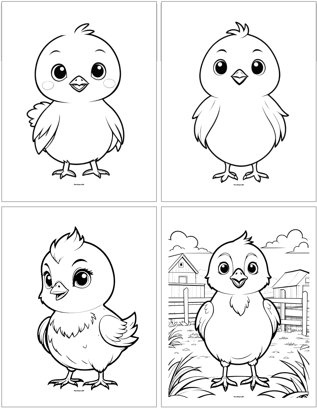 A collection of four cute chick coloring pages featuring adorable chick drawings, suitable for Easter activities for kids and spring coloring pages, available as free printable wall art.
