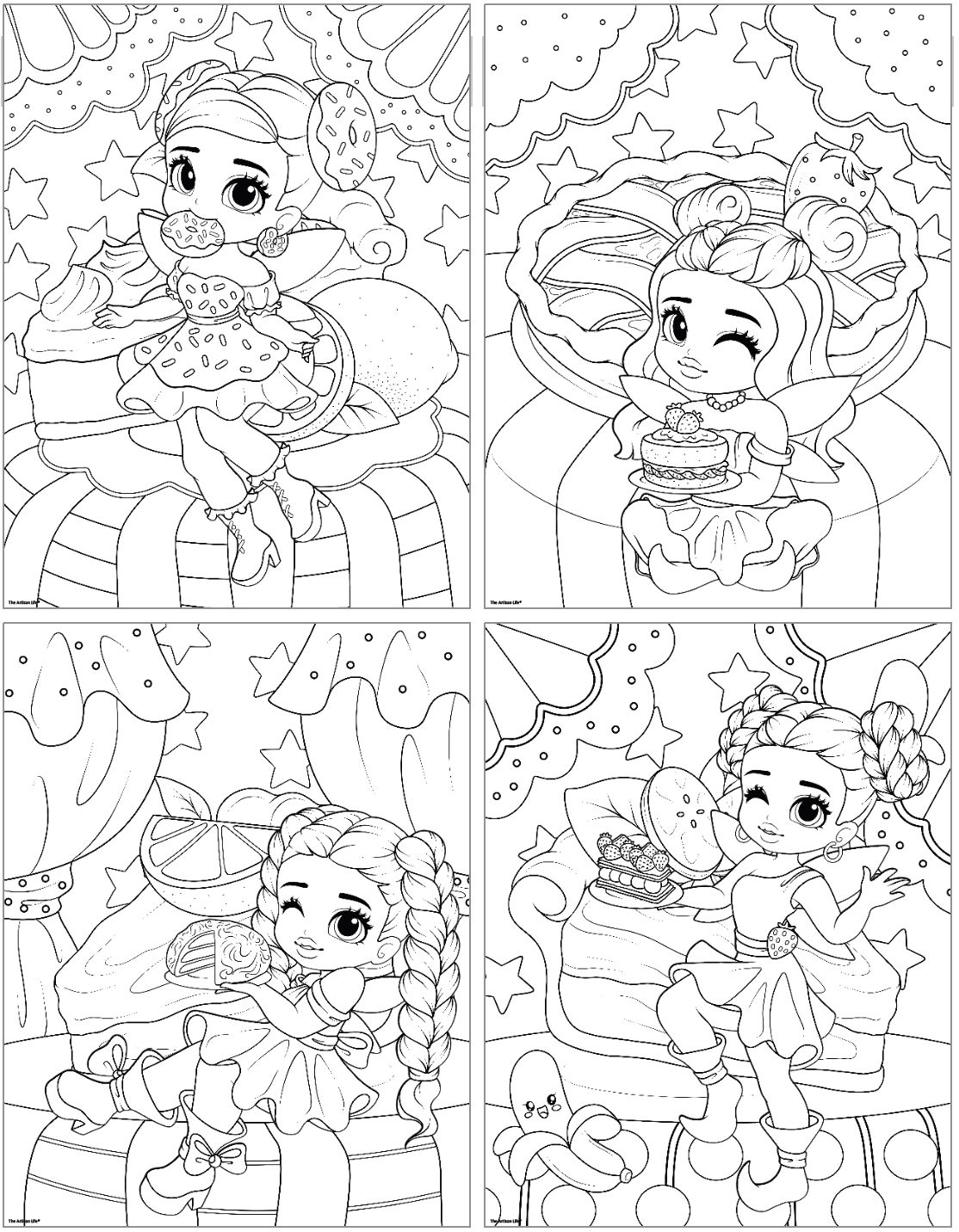 

Four whimsical black-and-white coloring pages feature animated fairies enjoying various desserts like cupcakes, ice cream, and cookies, ideal for fairy activities for kids and fairy crafts.
