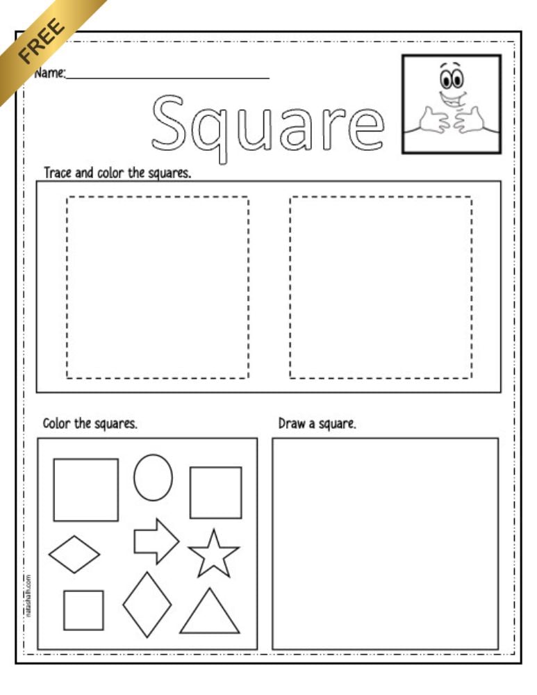 A square tracing worksheet designed for preschoolers, featuring sections for tracing and coloring squares, identifying different shapes, and drawing a square.
