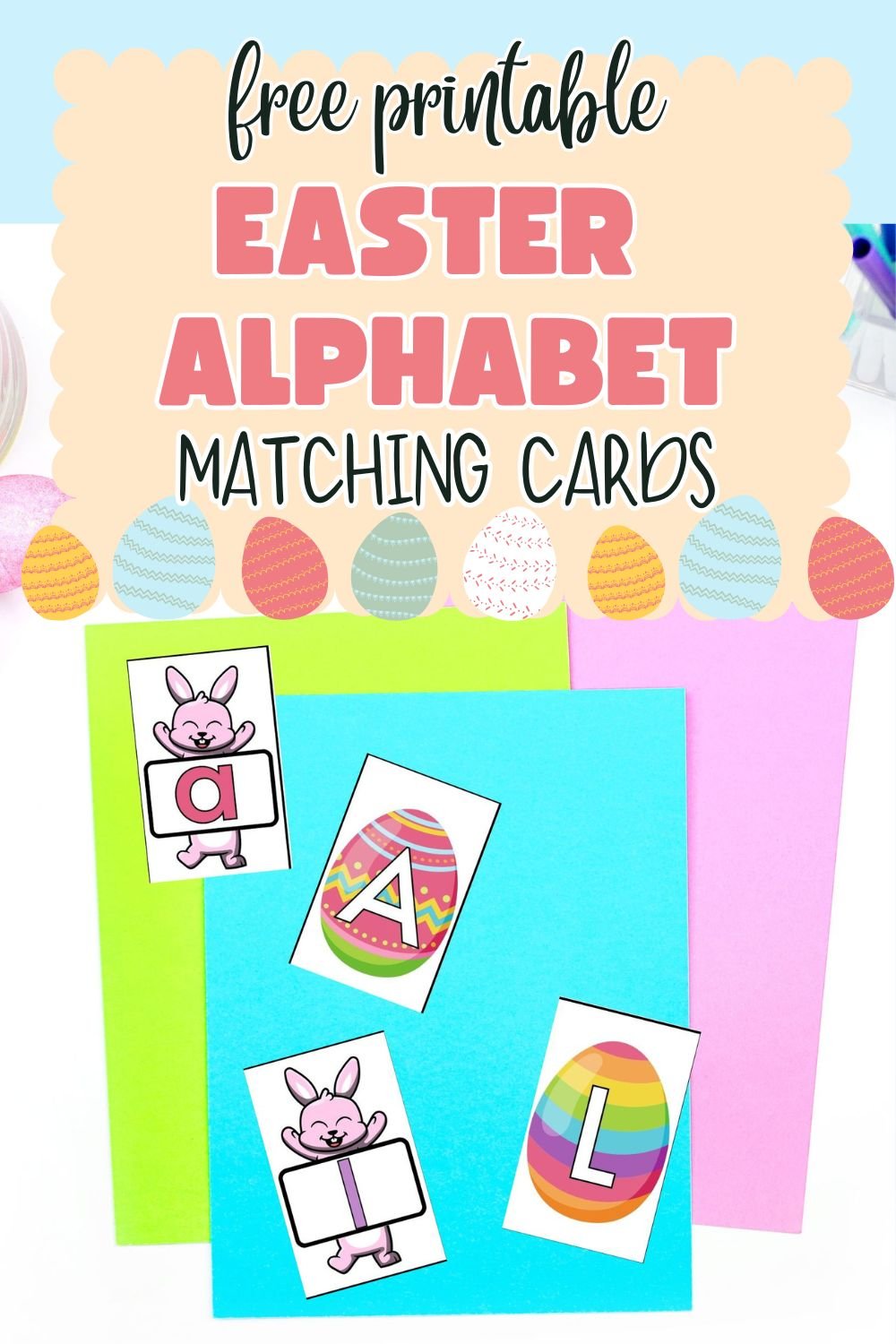 A set of free printable Easter alphabet matching cards featuring colorful images of bunnies and decorated eggs, designed for preschool and kindergarten Easter learning activities.
