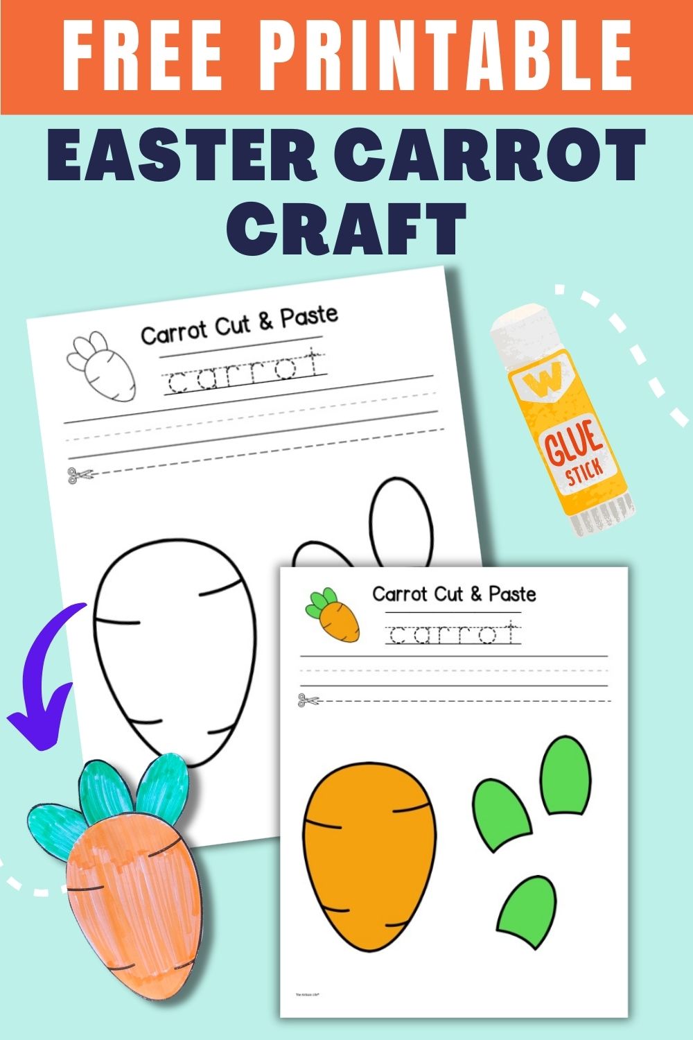 A promotional image featuring a call to action to download free printable carrot templates for DIY Easter crafts, suitable for kids and preschool activities.
