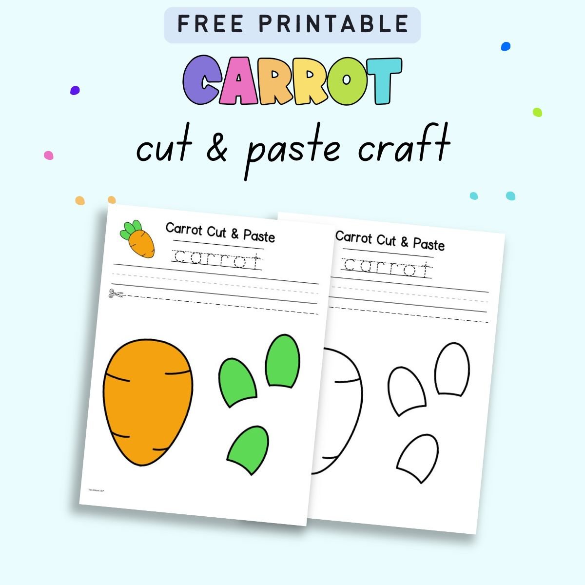 Printable sheets featuring a carrot cut-and-paste craft designed for preschool activities, including colorful carrot templates and outlines for Easter-themed vegetable crafts.