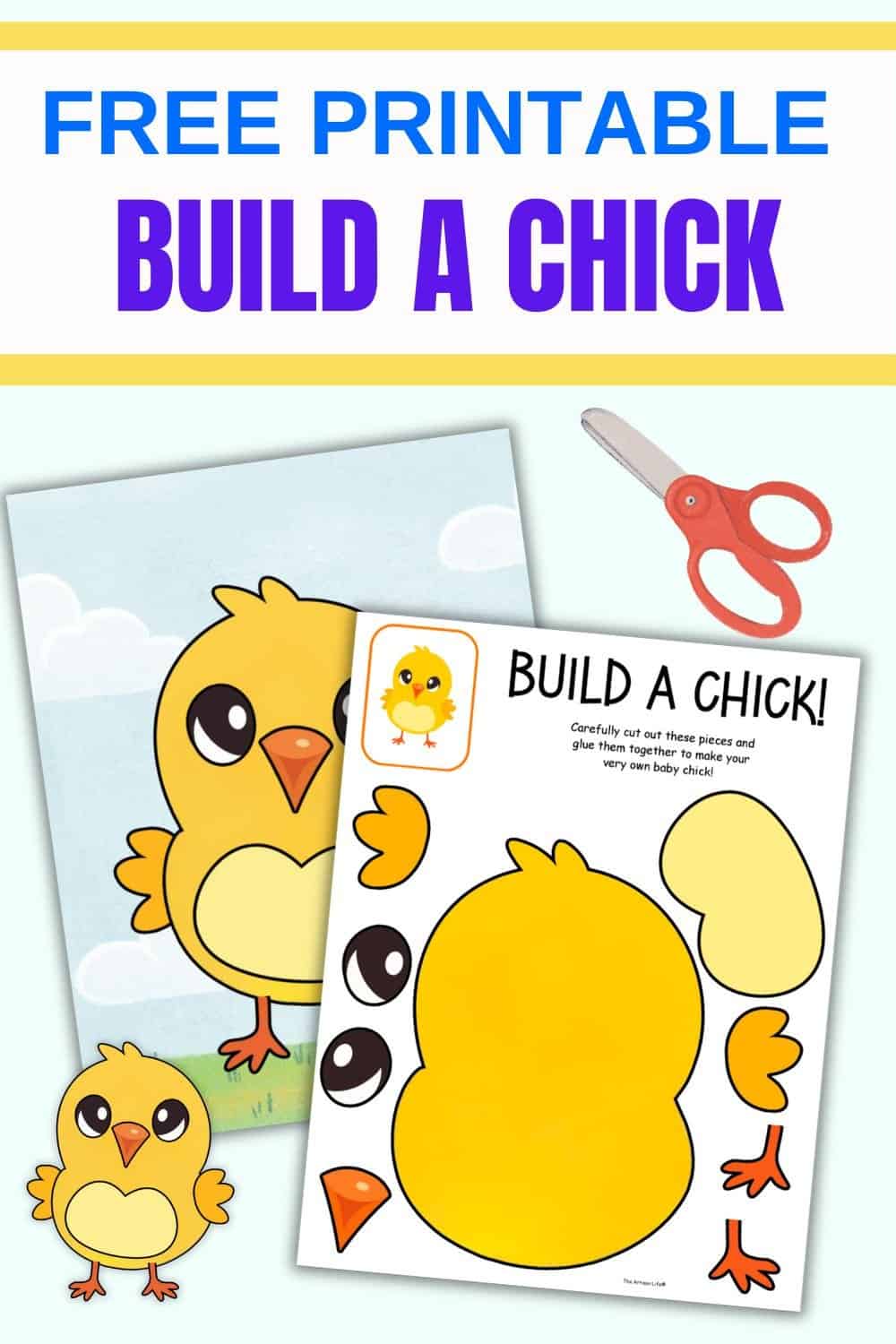 A colorful "Build a Chick" printable craft kit is displayed, featuring templates for children to cut and assemble their own chick, along with scissors and a glue stick for easy crafting activities.
