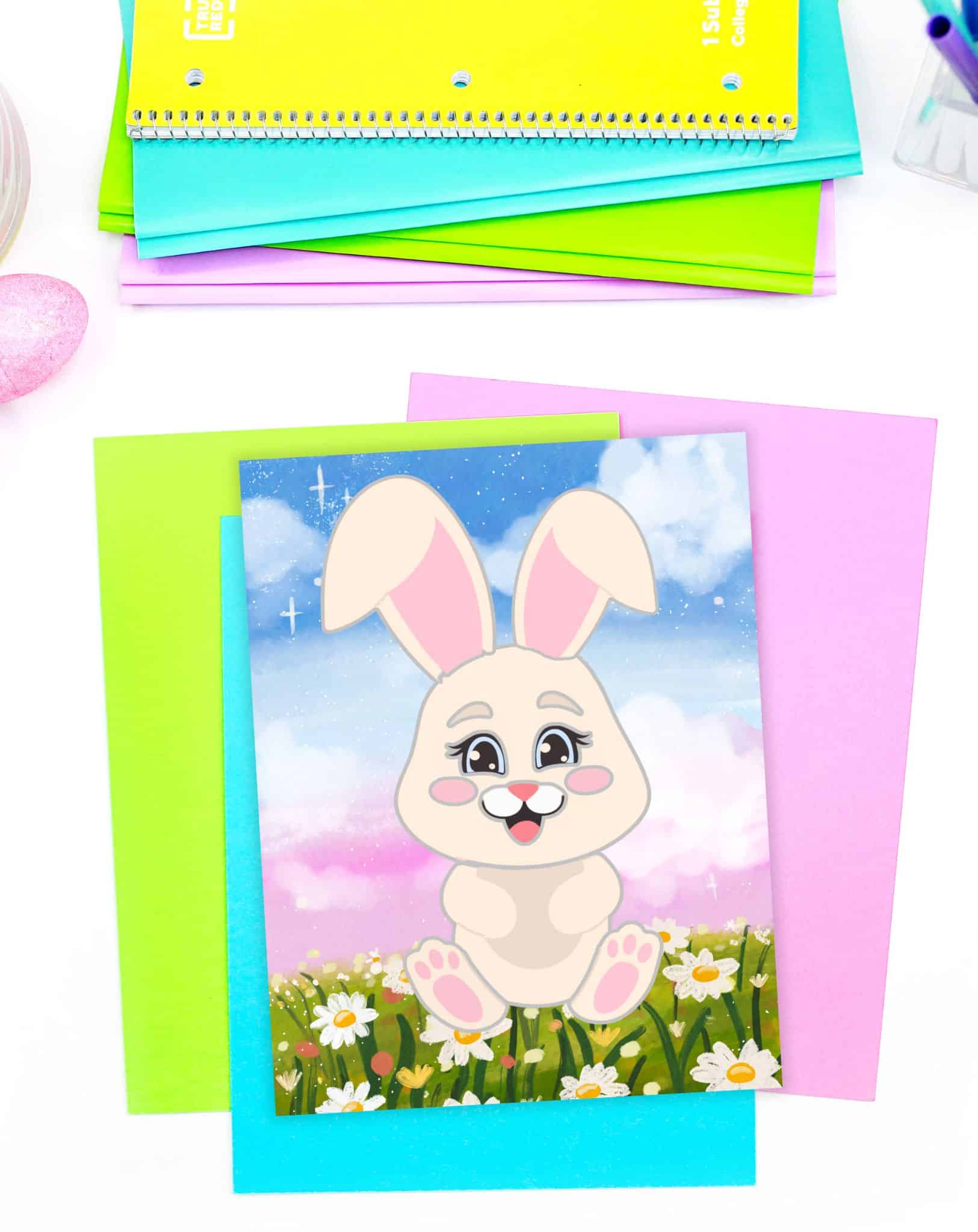 A cute cartoon bunny is featured on a printable sheet surrounded by colorful sheets of paper, suitable for spring-themed crafts and activities.
