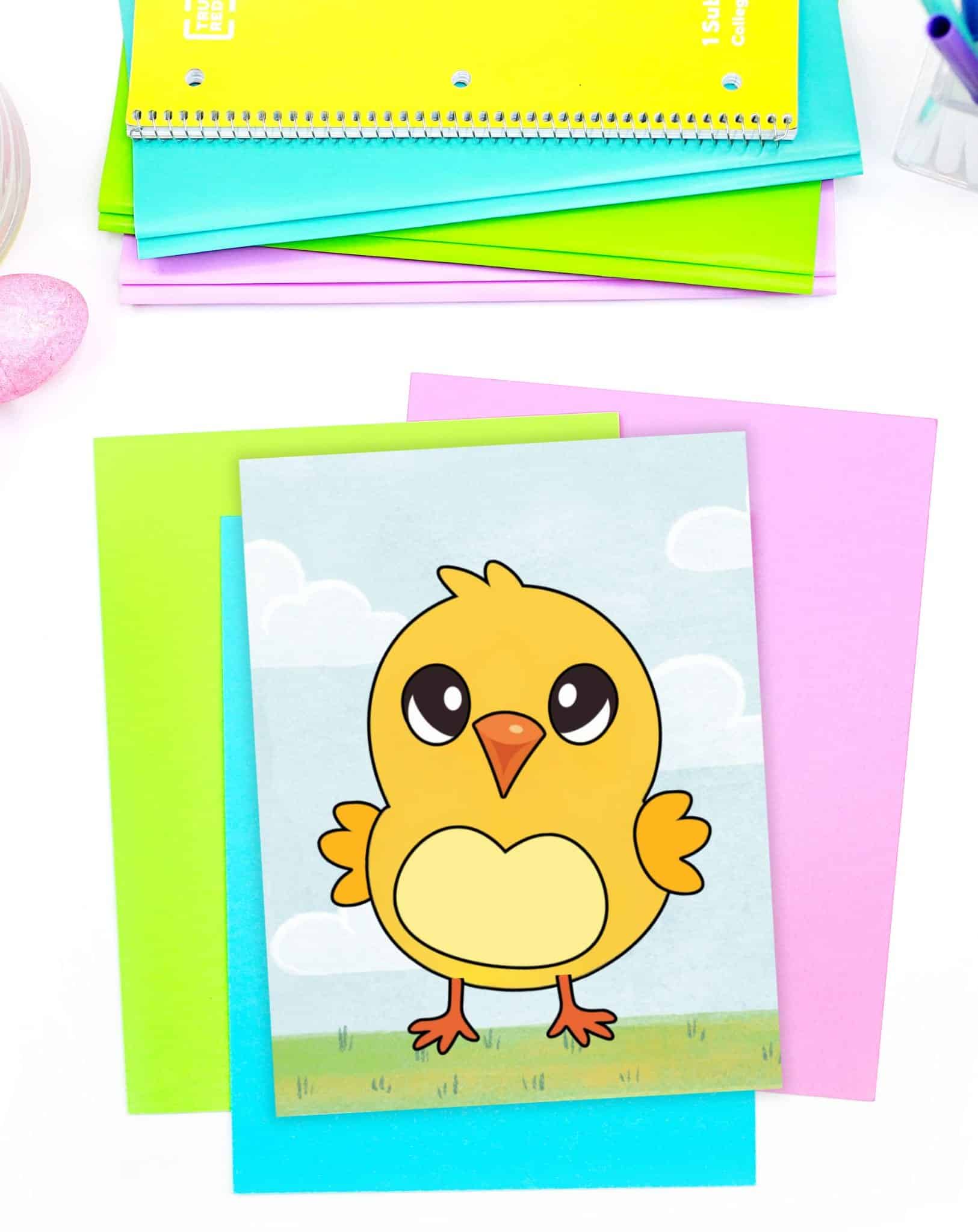 A colorful printable easter chick craft template is displayed on a table with various sheets of construction paper, featuring a cartoon yellow chick against a blue sky background, suitable for spring crafts and Easter activities for kids.
