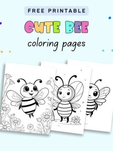 A collection of three free printable bee coloring pages featuring cartoon-style bumblebees surrounded by flowers, suitable for spring activities and kids.