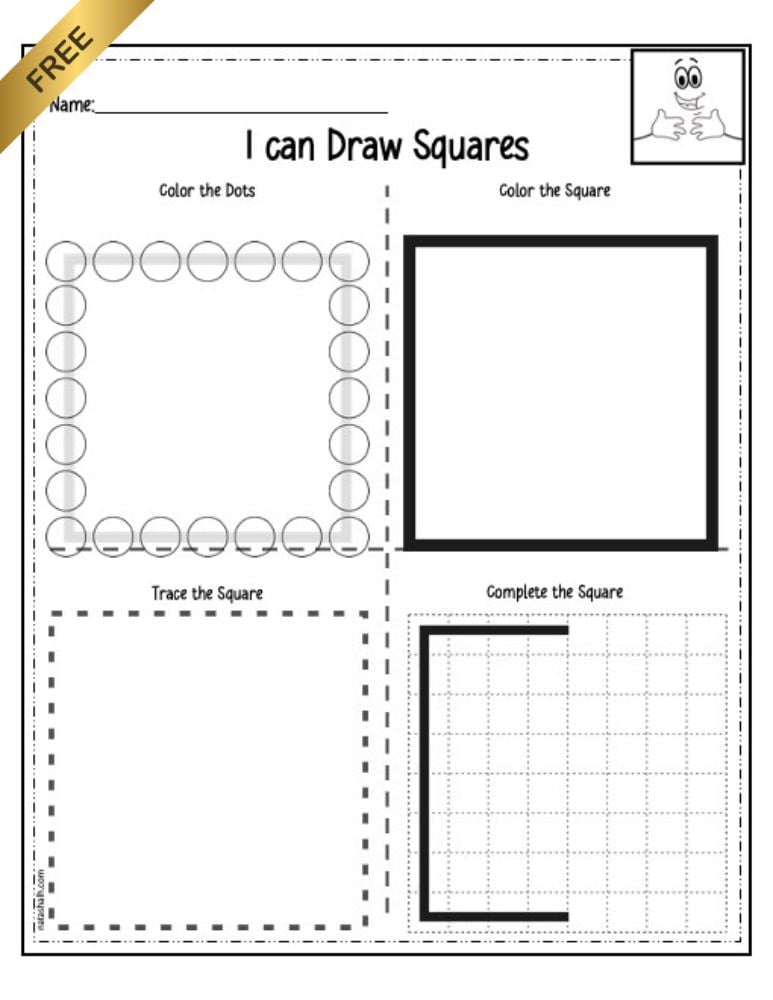 a square drawing worksheet with dot art, coloring, tracing and complete the image options