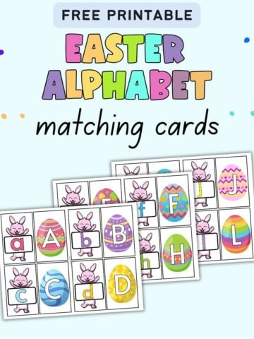 A colorful graphic featuring free printable Easter alphabet matching cards, designed for preschool and kindergarten students, showcasing letters alongside decorated Easter eggs and bunny illustrations.