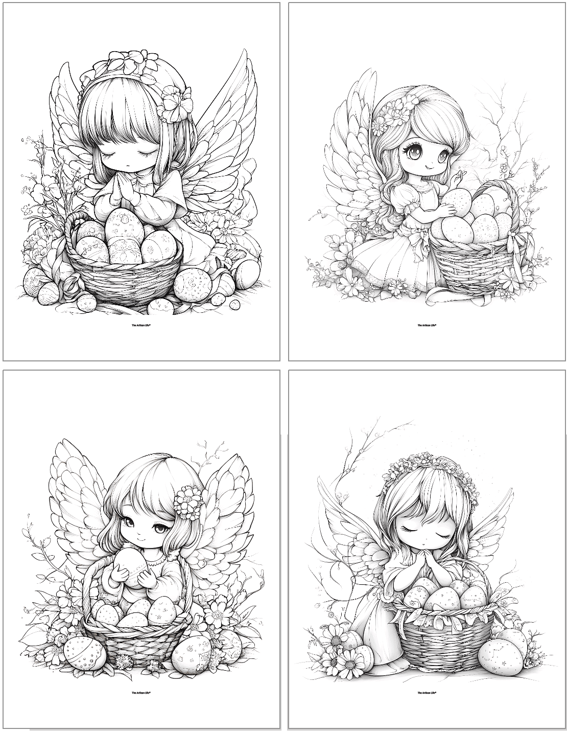 Four black-and-white illustrations featuring cute fairy characters with wings, each surrounded by Easter eggs and flowers, suitable for Easter coloring activities.
