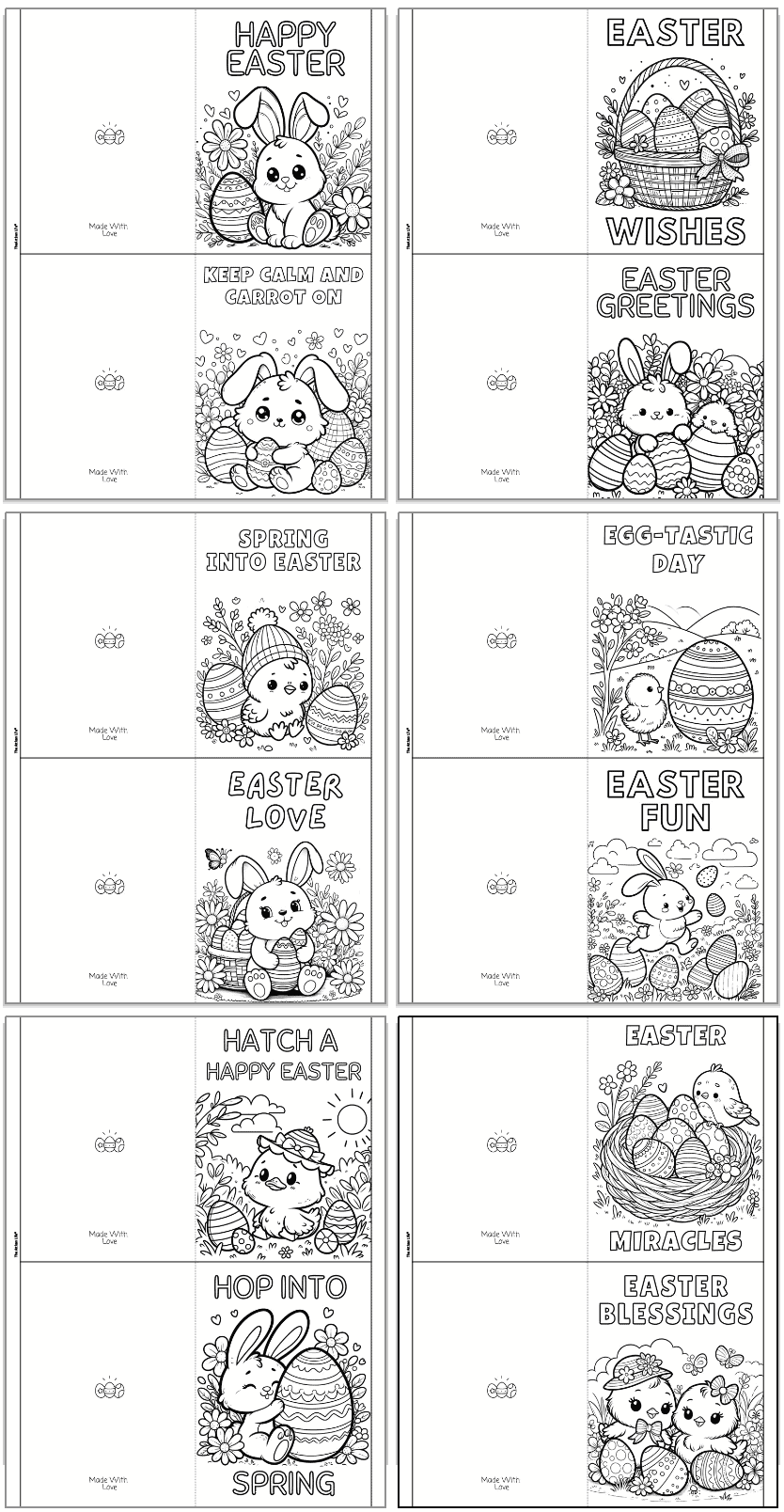 A collection of printable Easter cards featuring designs for coloring, including messages like "Happy Easter," "Easter Love," and "Spring into Easter," suitable for kids and crafts activities.
