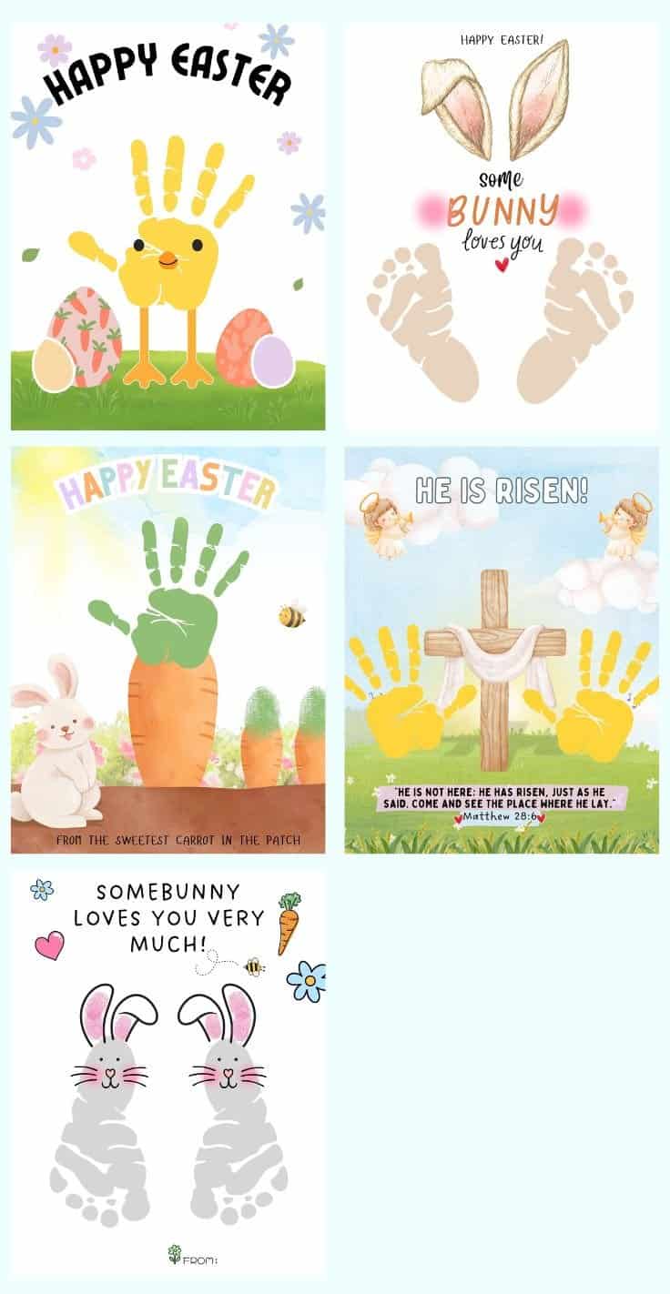 A collage of Easter-themed handprint and footprint crafts for toddlers, featuring designs with bunnies, eggs, and festive messages like "Happy Easter" and "He is Risen," suitable for family activities and preschool fun.

