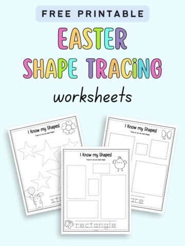 A collection of printable worksheets titled "Easter Shape Tracing" designed for preschool activities, featuring various shapes such as stars and rectangles for kids to trace and identify.