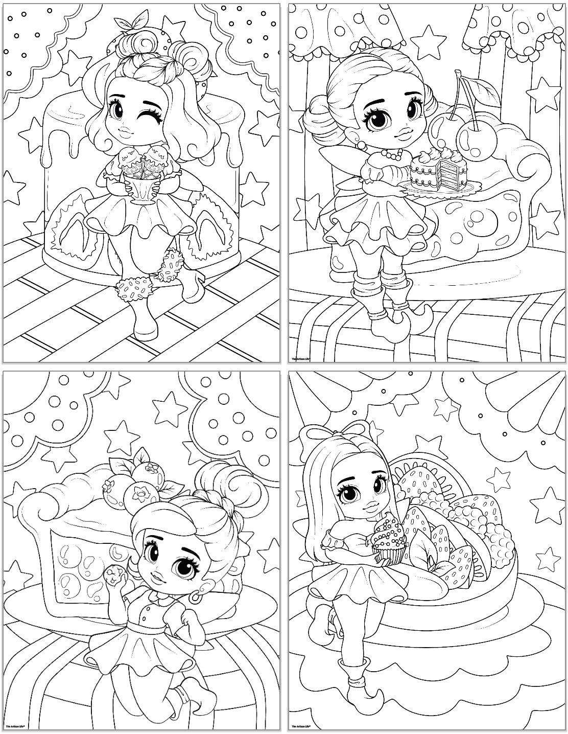 Four black-and-white illustrations of fairies engaging in various whimsical activities related to desserts, ideal for children’s fairy crafts and coloring pages.
