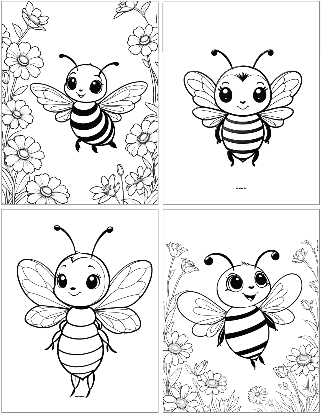 Four bee-themed coloring pages featuring cartoon-style bumblebees surrounded by flowers, designed for kids and suitable for spring coloring activities.
