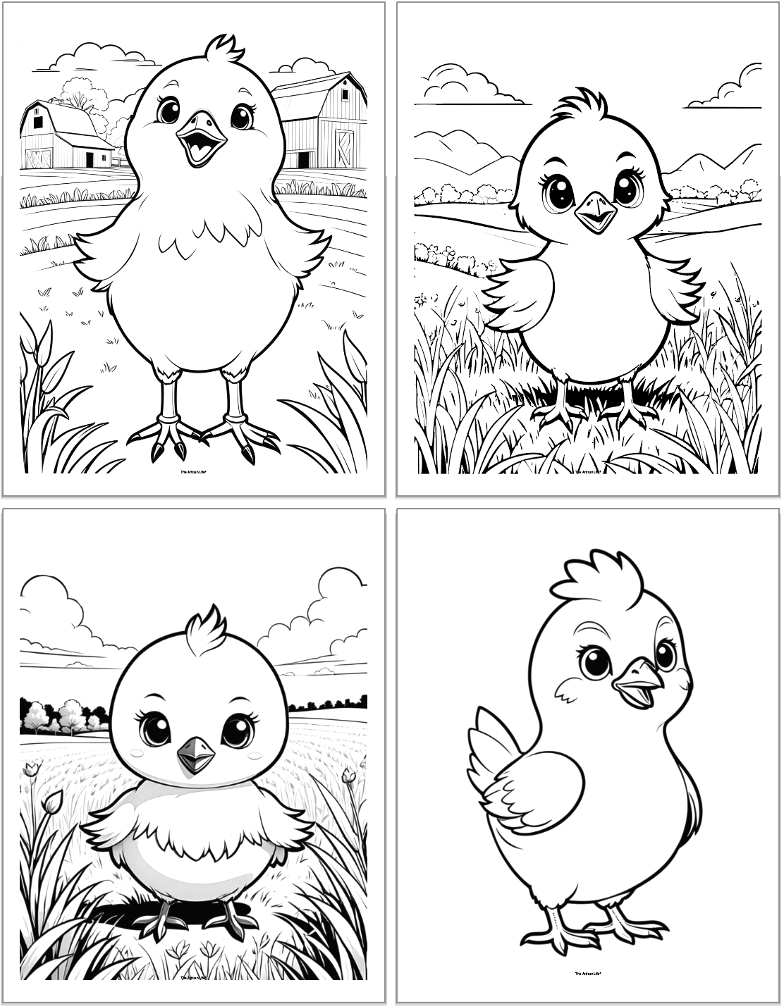 Four cute chick coloring pages are depicted, featuring adorable chicks standing in grassy landscapes, suitable for Easter activities for kids and free printable wall art.
