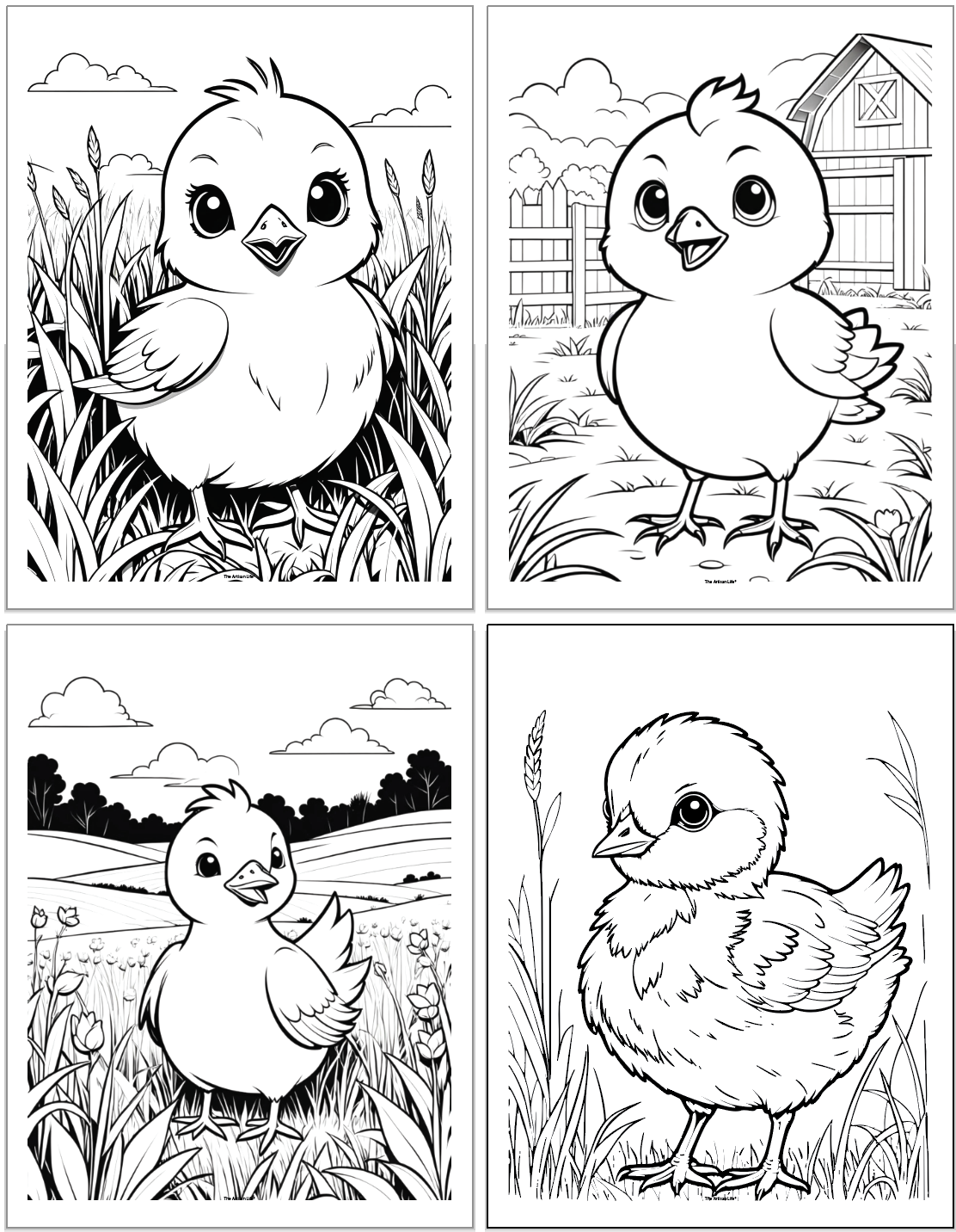 A collection of four cute chick coloring pages featuring illustrated baby chicks in grassy environments, suitable for Easter activities for kids and free printable wall art.
