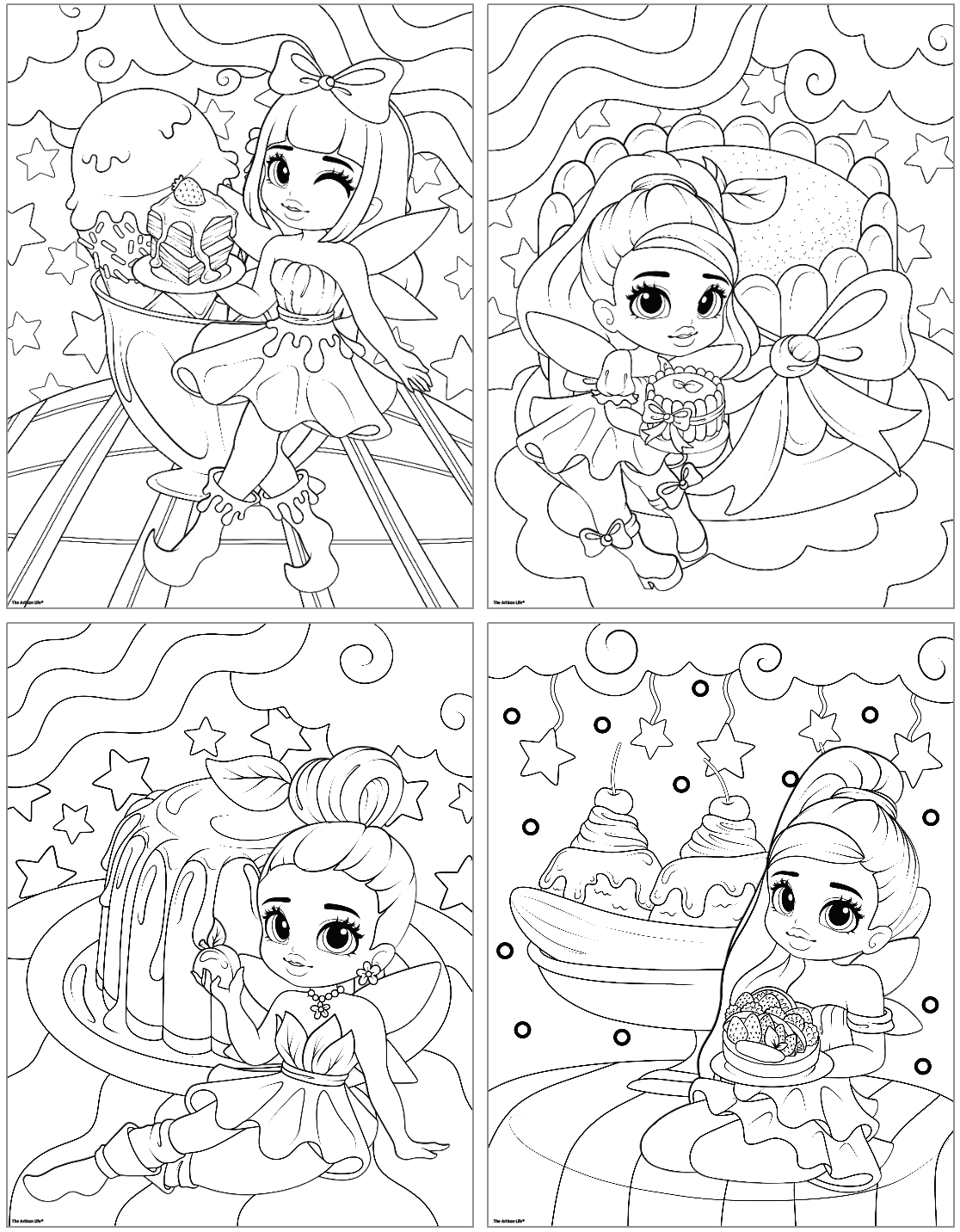 A collection of four black-and-white coloring pages featuring fairies engaged in magical activities, including sweets like cakes and ice cream, suitable for fairy crafts for kids and fairy coloring pages.
