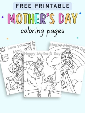 text "free printable Mother's Day coloring pages" with a preview of three pages of printable coloring sheets for Mother's Day