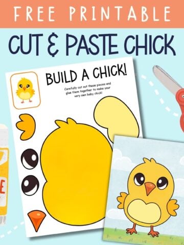 text "free printable cut and paste chick" with a preview of two pages of build a chick free printable