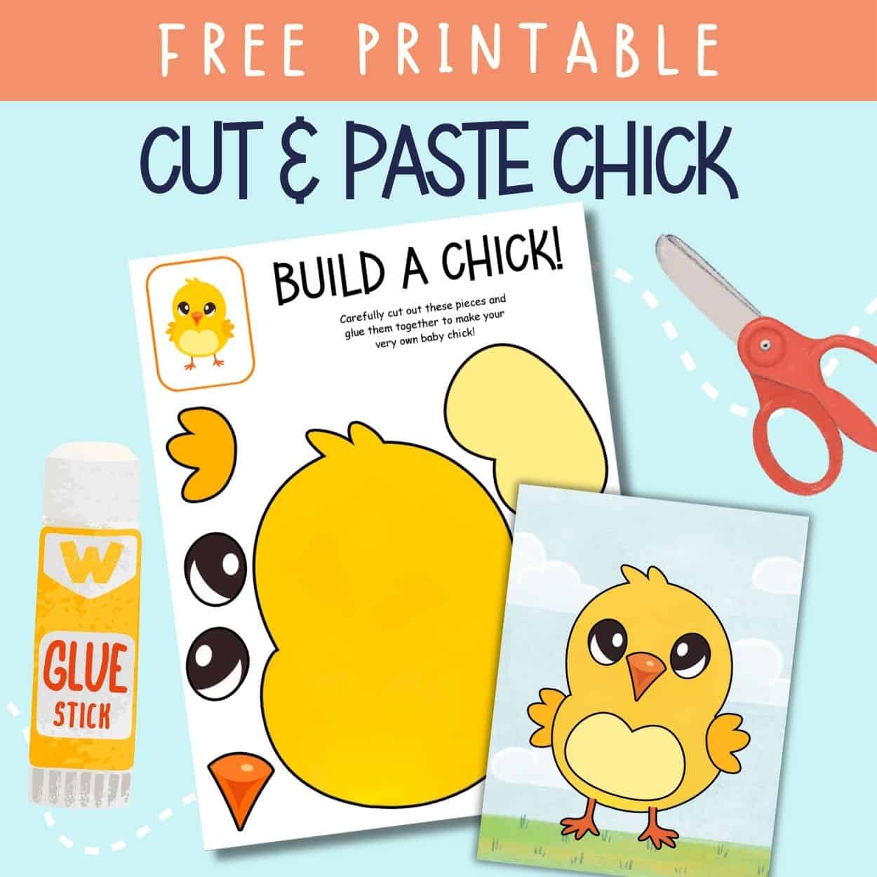 text "free printable cut and paste chick" with a preview of two pages of build a chick free printable