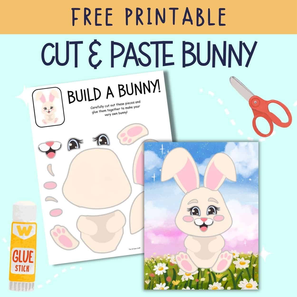 text "Free printable cut and paste bunny" with previews of a printable build a bunny craft