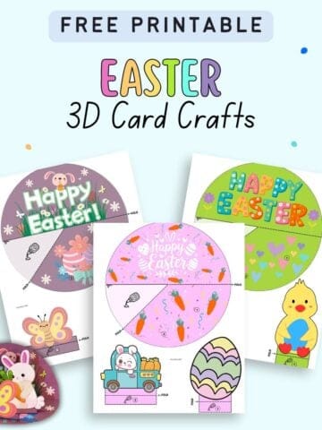 Printable Easter 3D card craft templates featuring colorful designs and characters suitable for kids' spring activities, including DIY projects for preschool and kindergarten.