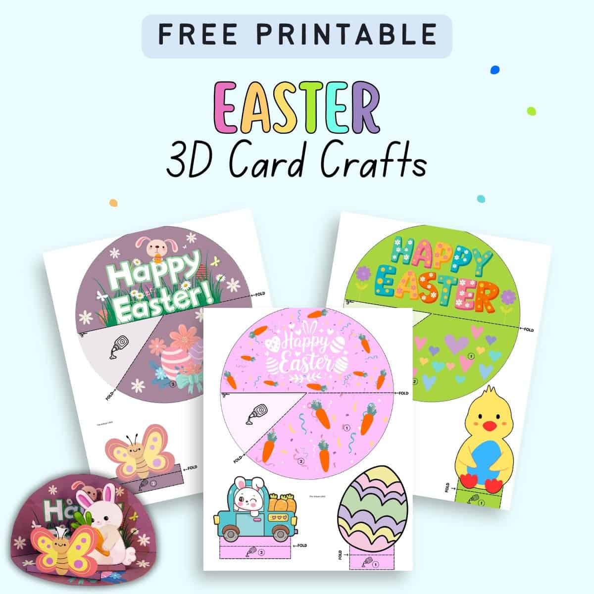 Printable Easter 3D card craft templates featuring colorful designs and characters suitable for kids' spring activities, including DIY projects for preschool and kindergarten.
