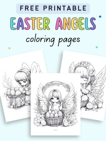 text "free printable easter angels coloring pages" with a preview of three easter angel coloring sheets