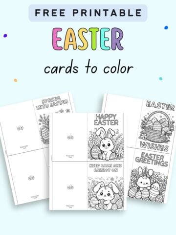 A set of printable Easter cards featuring coloring designs with messages like "Happy Easter" and "Keep Calm and Carrot On," suitable for kids and Easter activities.