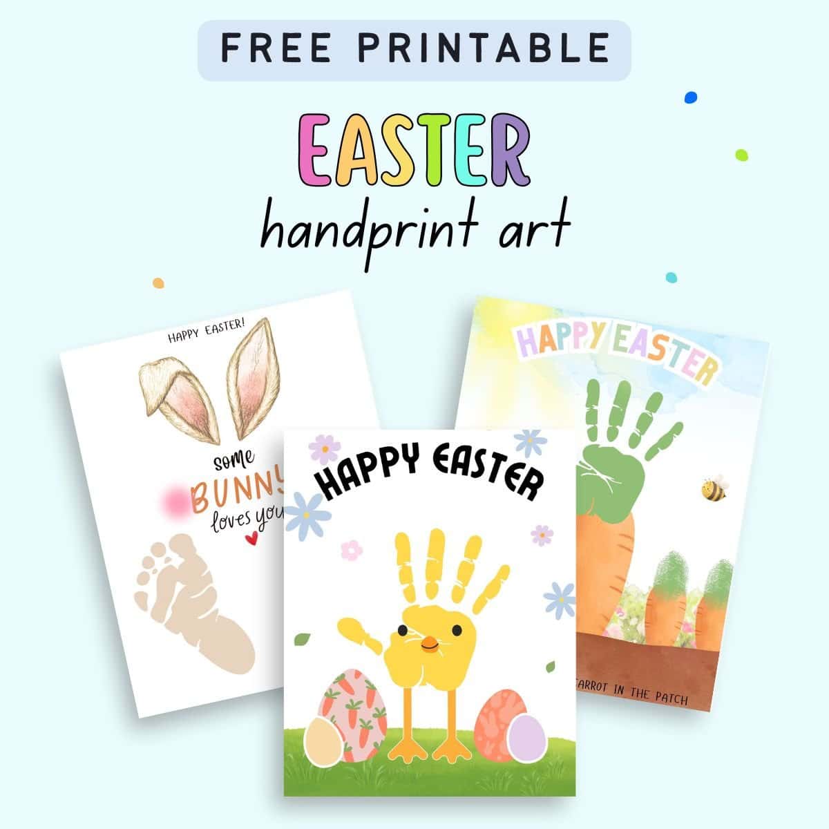 A collection of free printable Easter handprint art designs for toddlers, featuring handprint crafts such as a bunny, chick, and carrot, suitable for family activities and preschool crafts.