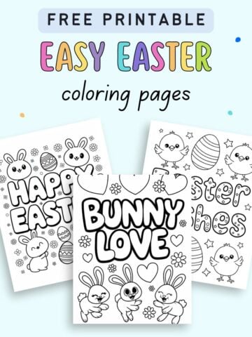 A collection of three printable Easter coloring pages featuring cute bunny illustrations, festive text, and Easter-themed designs, labeled "Free Printable Easy Easter Coloring Pages."