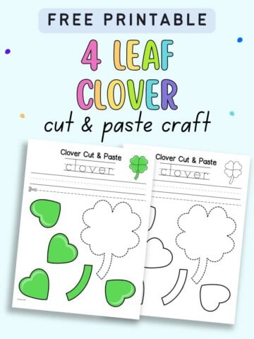 A printable template for a four leaf clover cut and paste craft designed for kids, featuring outline shapes and tracing lines for educational activities related to St. Patrick’s Day.