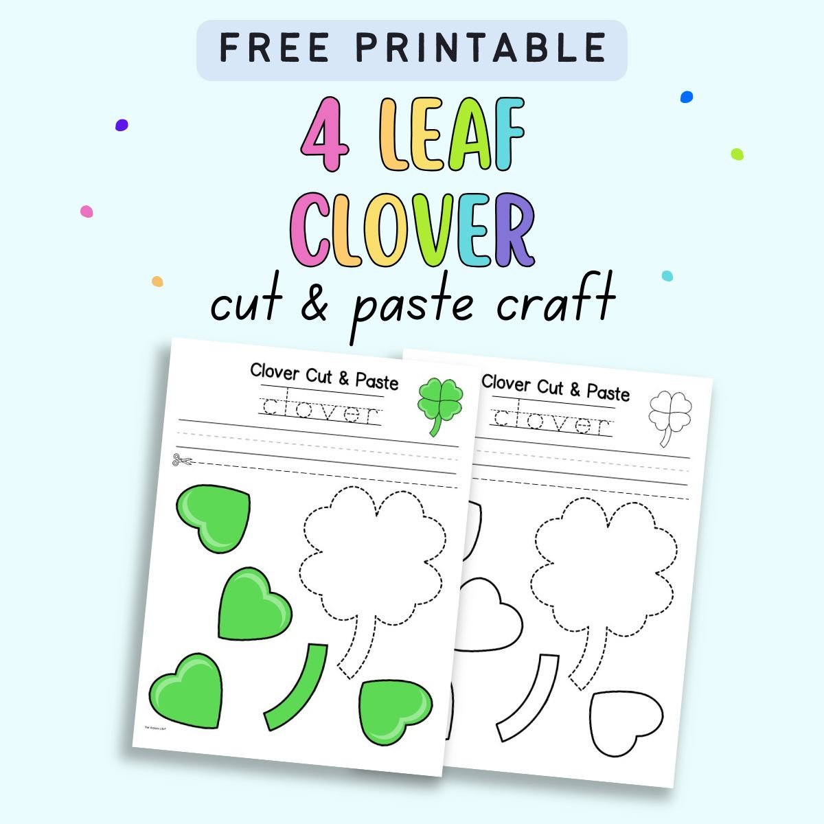 A printable template for a four leaf clover cut and paste craft designed for kids, featuring outline shapes and tracing lines for educational activities related to St. Patrick’s Day.
