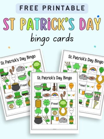 The image features three colorful printable bingo cards themed for St. Patrick's Day, showcasing various relevant illustrations and labeled as "Free Printable St Patrick's Day Bingo cards."