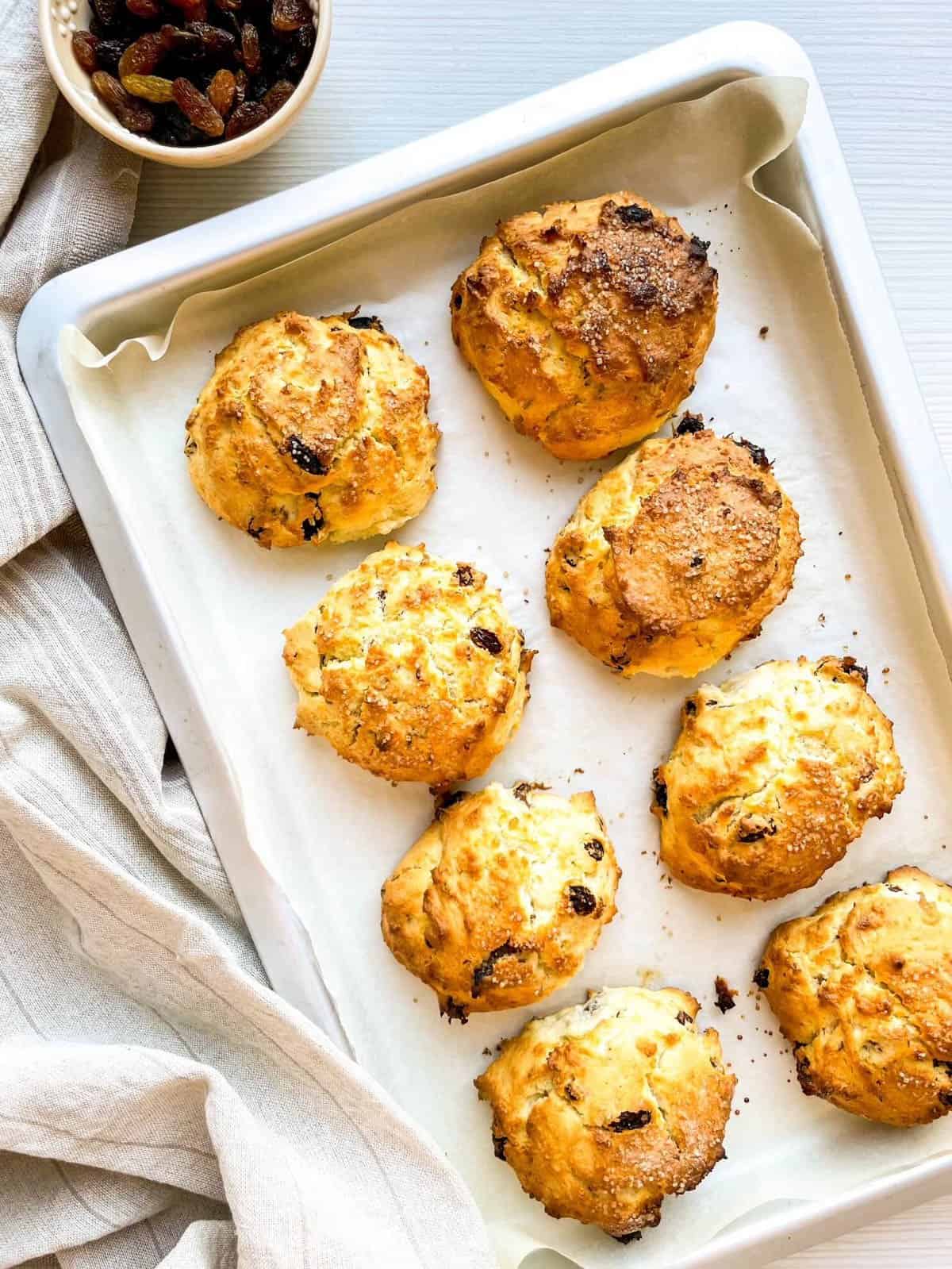 A tray of freshly baked buttermilk scones with raisins sits on parchment paper, accompanied by a bowl of mixed raisins, emphasizing the simplicity of an easy scones recipe.
