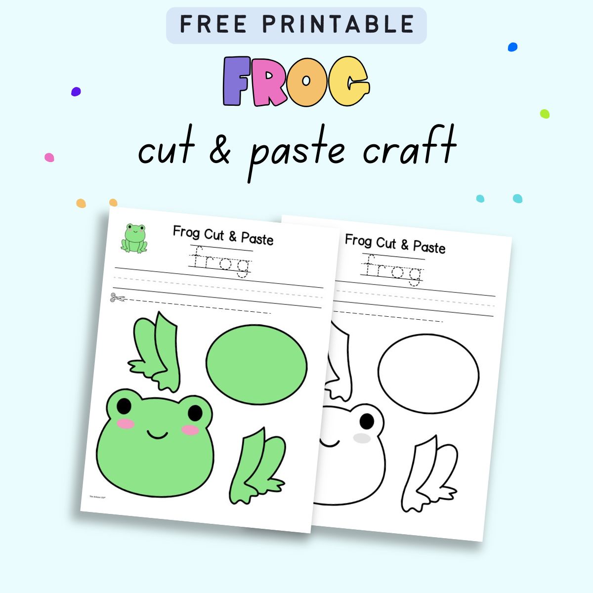 Printable craft sheets featuring cutout templates and activities for creating a frog, designed for young children to engage in frog-themed art and craft activities, including letter recognition and fine motor skills practice.
