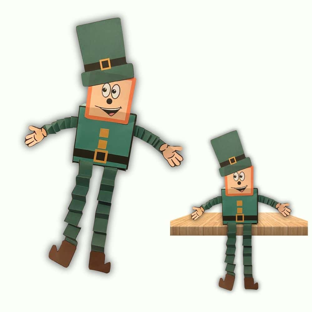 two leprechaun craft printables that have been cut and pasted to make a 3d leprechaun craft for kids