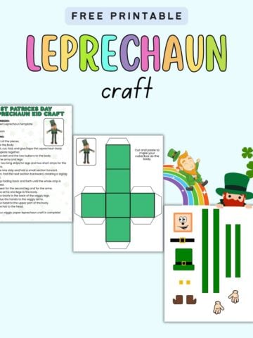 text "free printable leprechaun craft" with a preview of three pages of leprechaun craft printable