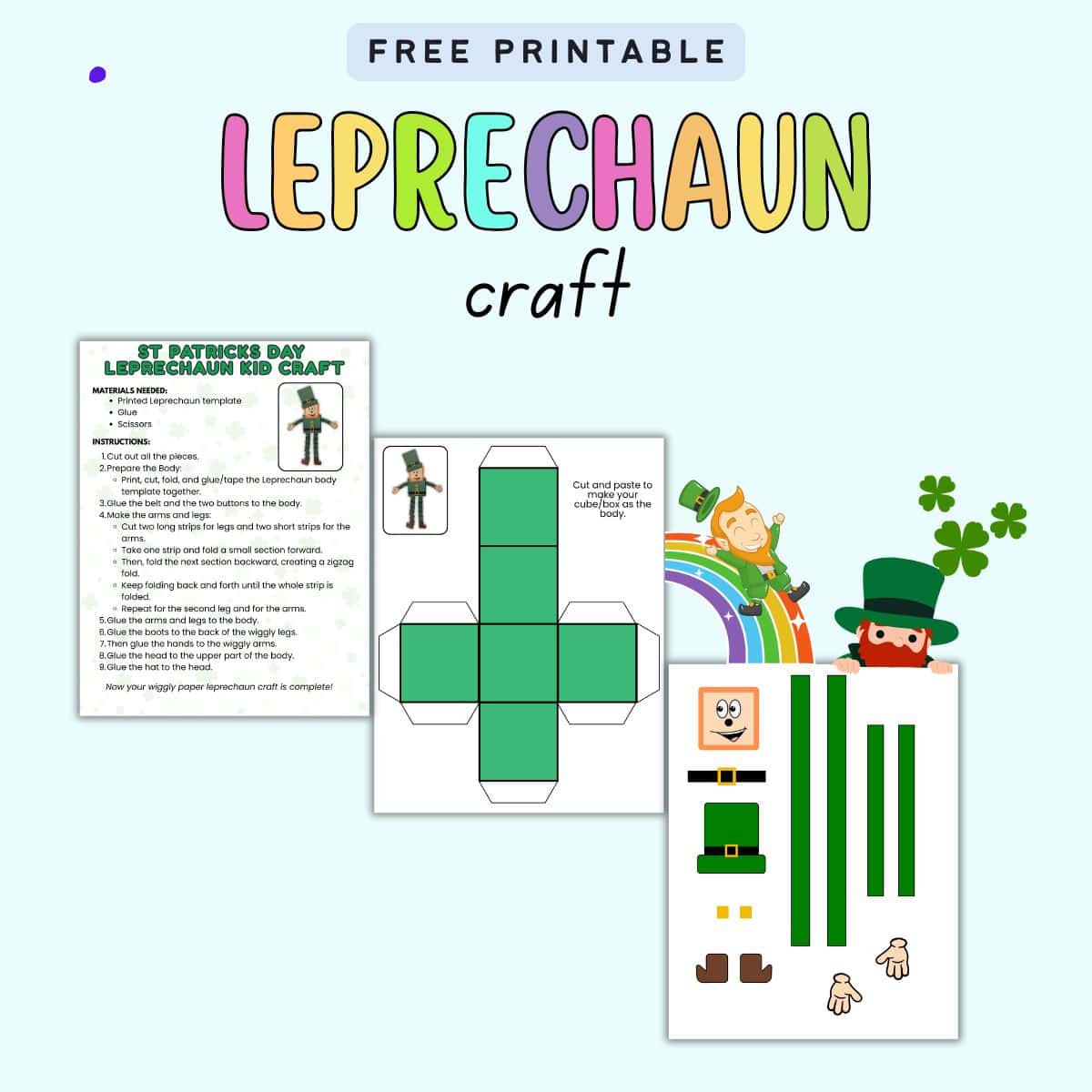 text "free printable leprechaun craft" with a preview of three pages of leprechaun craft printable