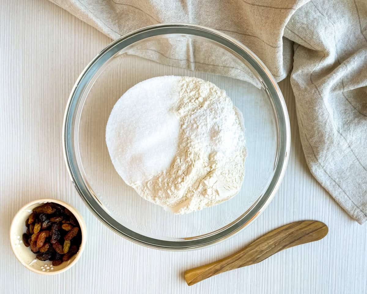 a bowl of flour and sugar for making Irish soda bread scones