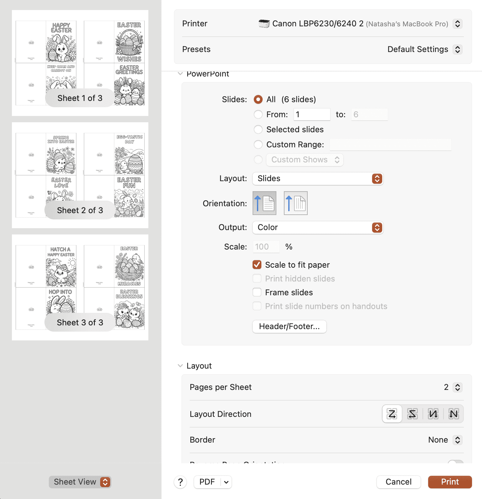 a print dialogue box showing printing Easter cards two to a page