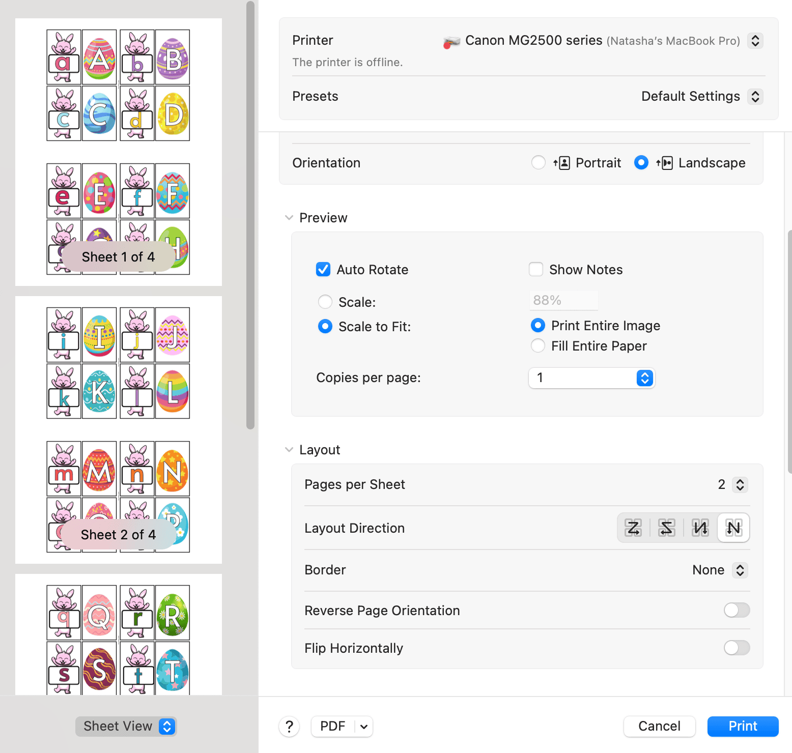 a print dialogue box showing pronging alphabet matching cads printed two up