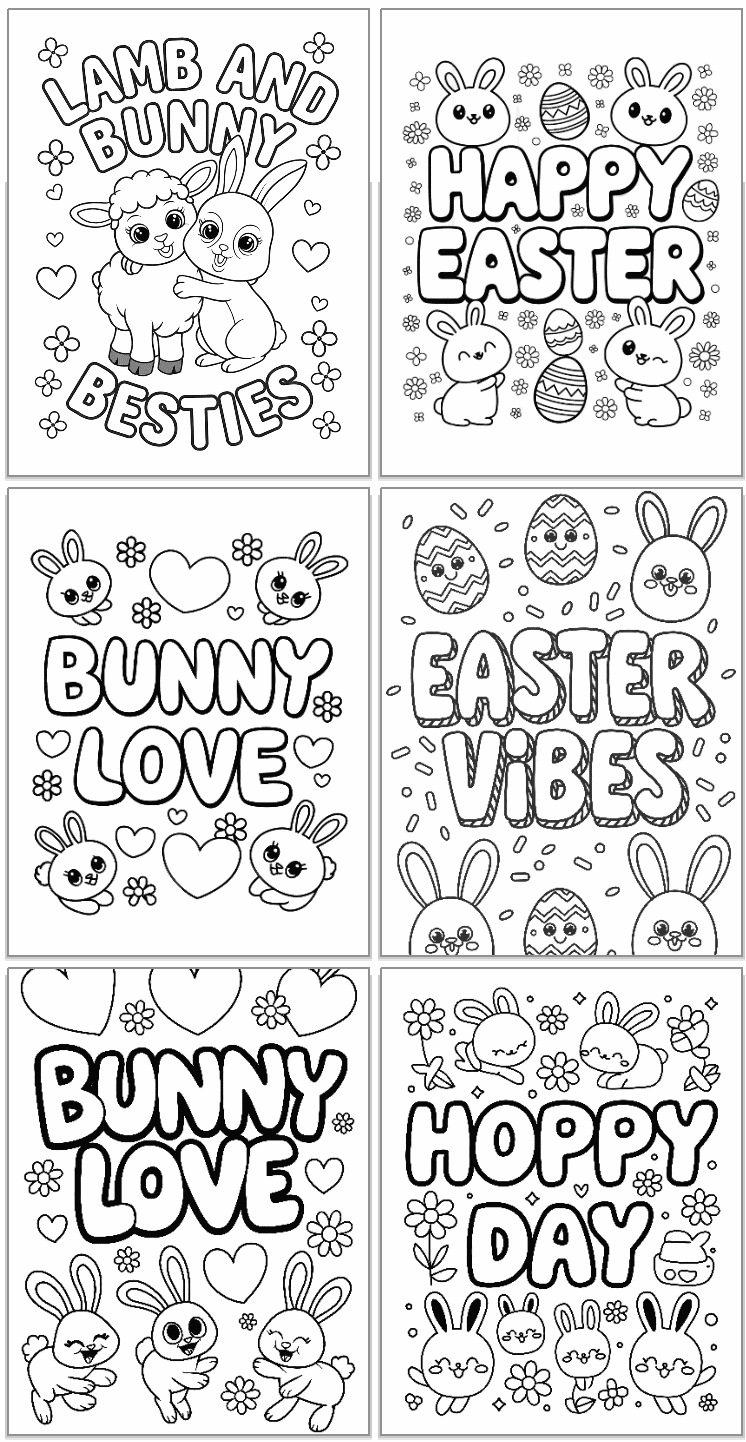 A collection of various Easter-themed coloring pages featuring bunnies, lambs, and festive messages, designed for kids and available for free printable use.
