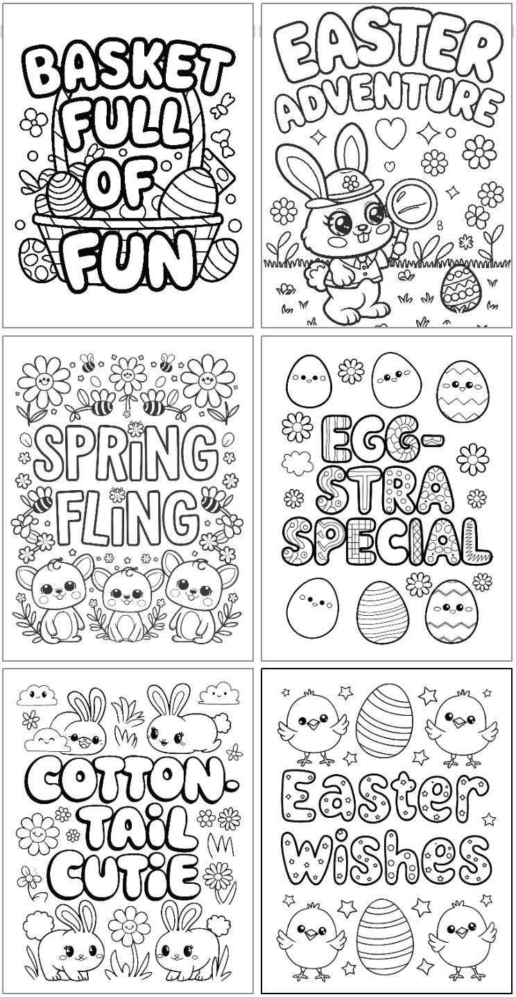 A collage of six black-and-white Easter-themed coloring pages featuring playful designs, including bunnies, Easter eggs, and festive text phrases like "Basket Full of Fun" and "Easter Adventure."
