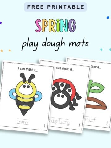 text "free printable spring play dough mats" with a preview of three spring play dough mat themes