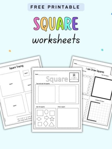 text "free printable square worksheets" with a preview of three square shape worksehets