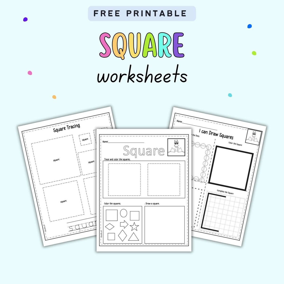 text "free printable square worksheets" with a preview of three square shape worksehets