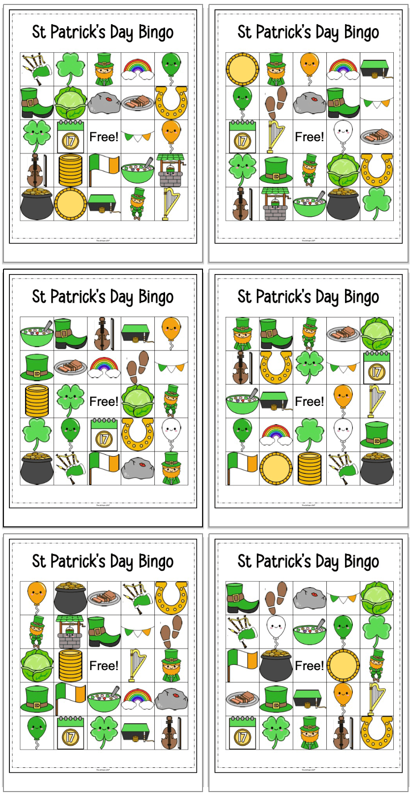 A collection of six St Patrick’s Day bingo cards featuring various themed images and a "Free!" space, designed for kids to enjoy during St Patrick's Day activities and parties.
